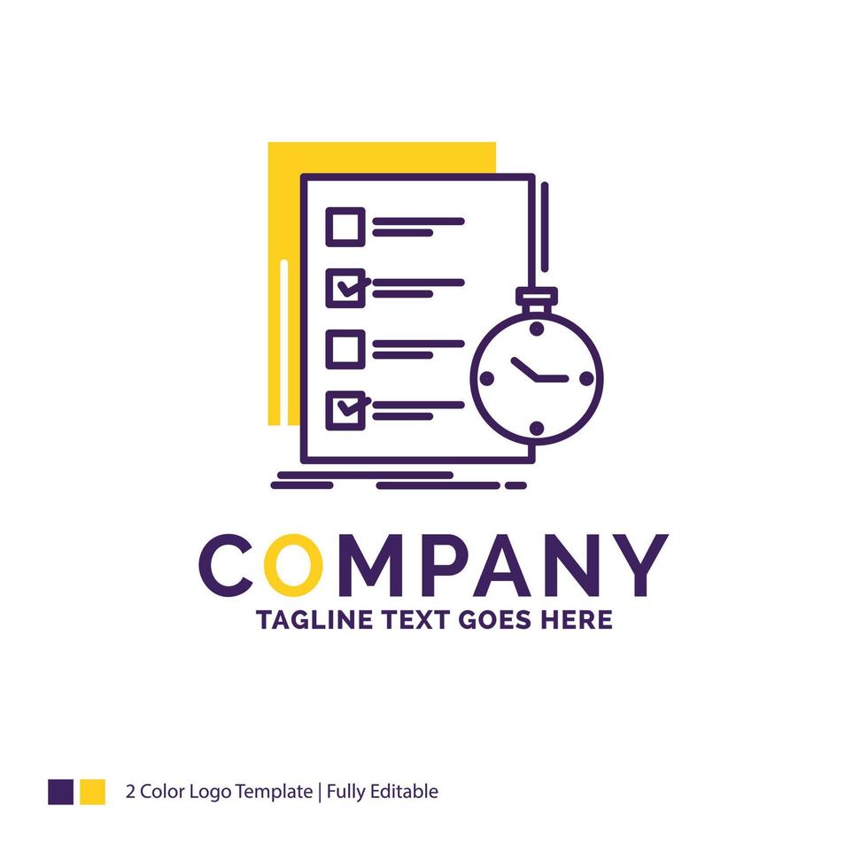 Company Name Logo Design For todo. task. list. check. time. Purple and yellow Brand Name Design with place for Tagline. Creative Logo template for Small and Large Business. vector