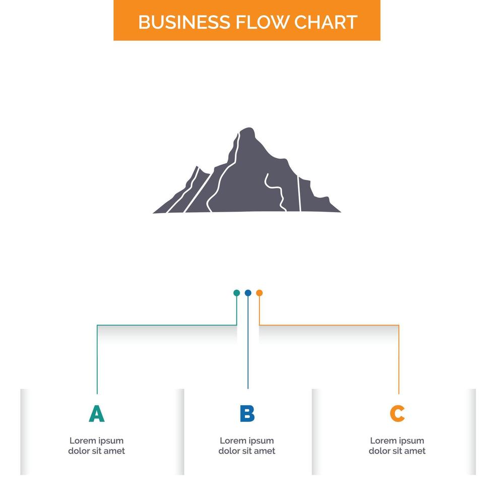 Cerro. paisaje. naturaleza. montaña. diseño de diagrama de flujo de negocios de escena con 3 pasos. icono de glifo para el lugar de plantilla de fondo de presentación para texto. vector