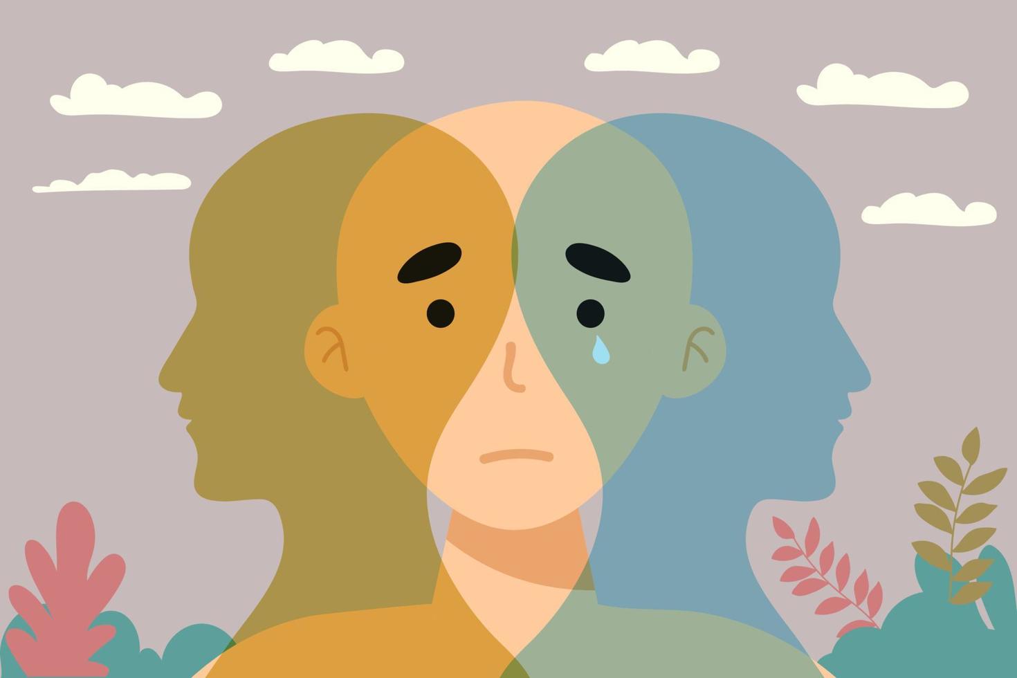 metáfora trastorno bipolar mente mental. doble cara. doble personalidad. concepto de trastorno del estado de ánimo. silueta de 2 cabezas.psicología. salud mental. concepto de doble personalidad. enredar y desenredar. vector