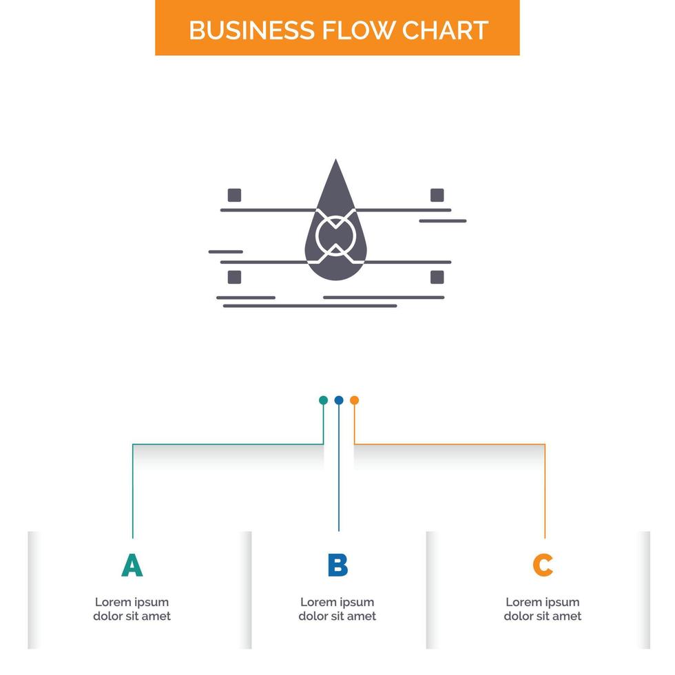 agua. vigilancia. limpio. la seguridad. diseño de diagrama de flujo de negocios de ciudad inteligente con 3 pasos. icono de glifo para el lugar de plantilla de fondo de presentación para texto. vector