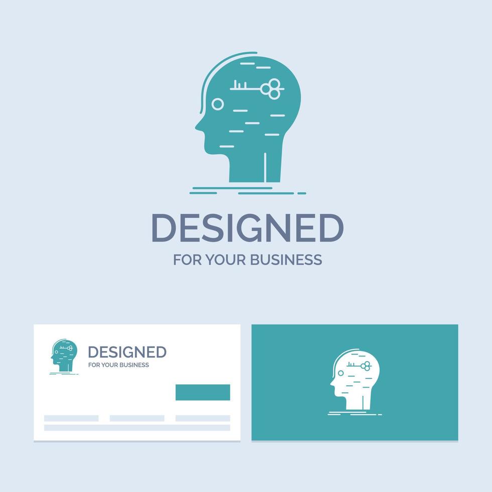 cerebro. cortar a tajos. hackear. llave. símbolo de icono de glifo de logotipo de negocio mental para su negocio. tarjetas de visita turquesas con plantilla de logotipo de marca. vector