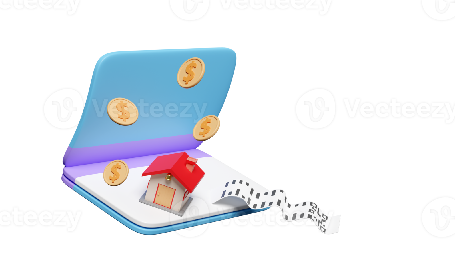 3d bank account open book, passbook with house, dollar money coins isolated. invoice, electronic bill, saving money concept, 3d render illustration png