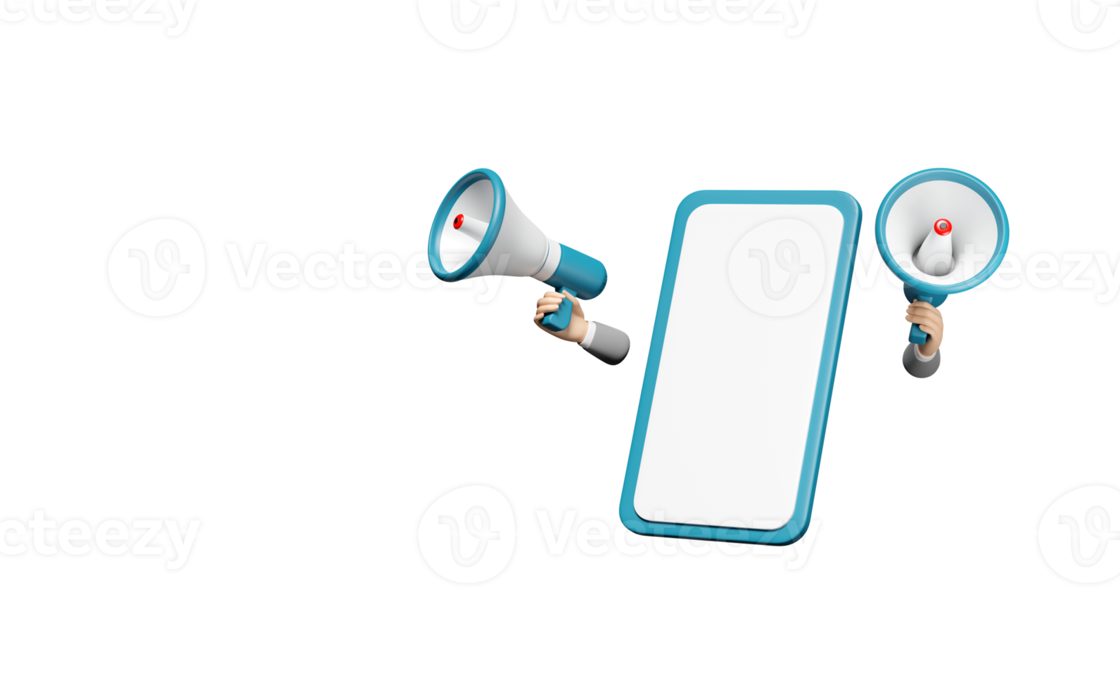 3d hand holding megaphone, hand speaker with mobile phone, smartphone isolated. promotion news for social media networks, online marketing shopping concept, 3d render png