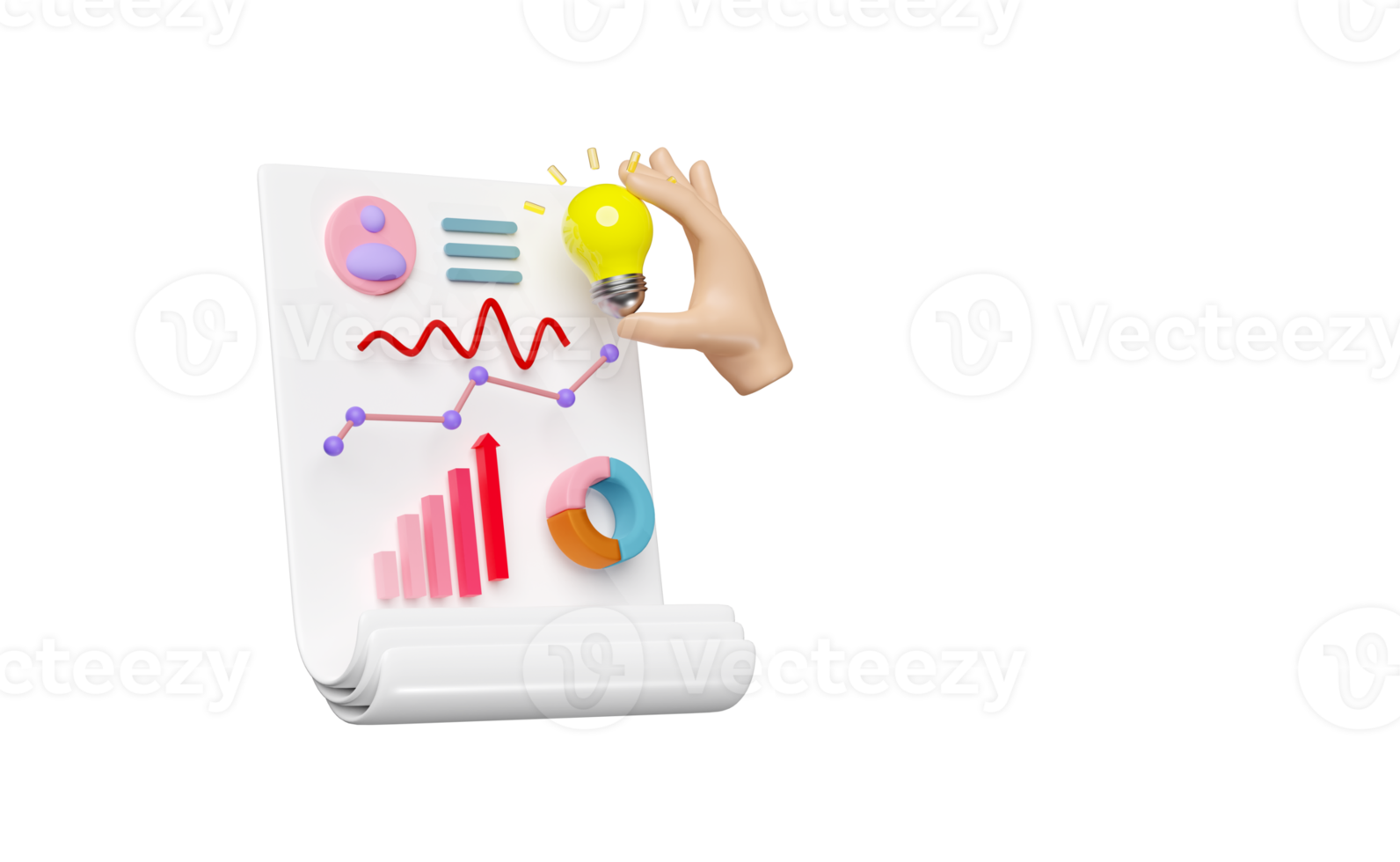 Lista de verificación 3d con bombilla, gráficos, datos financieros comerciales de análisis gráfico aislados. estrategia empresarial, evaluar el rendimiento, sugerencia de idea, ilustración de representación 3d png