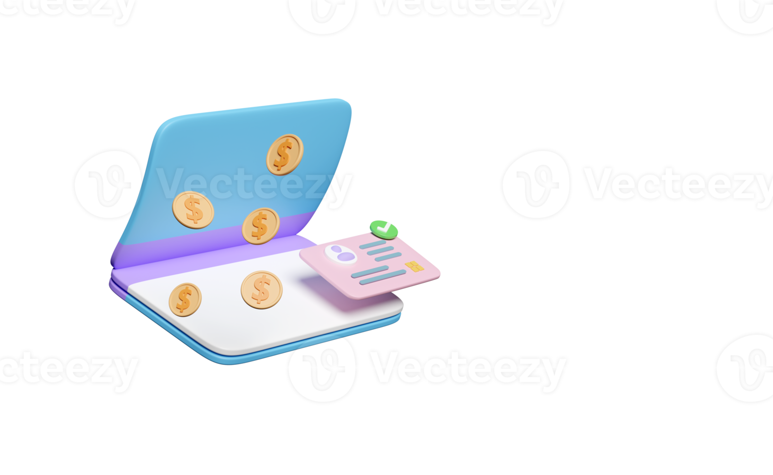 3d open a bank account with proof of ID card, passbook, dollar money coins isolated. 3d render illustration png