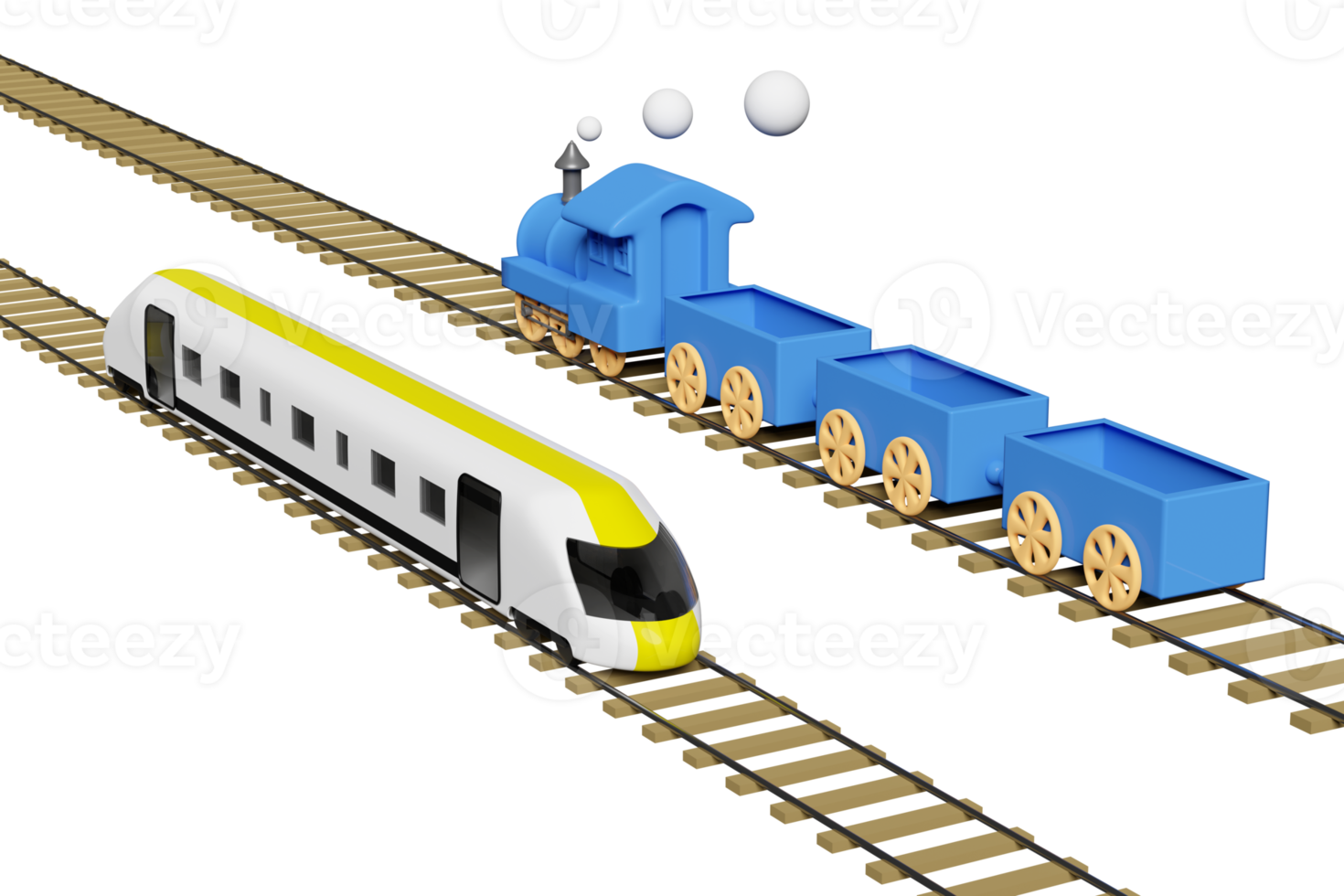 3d locomotive, bullet train with railroad tracks, steam train transport toy, planning traveler tourism train isolated. 3d render illustration png