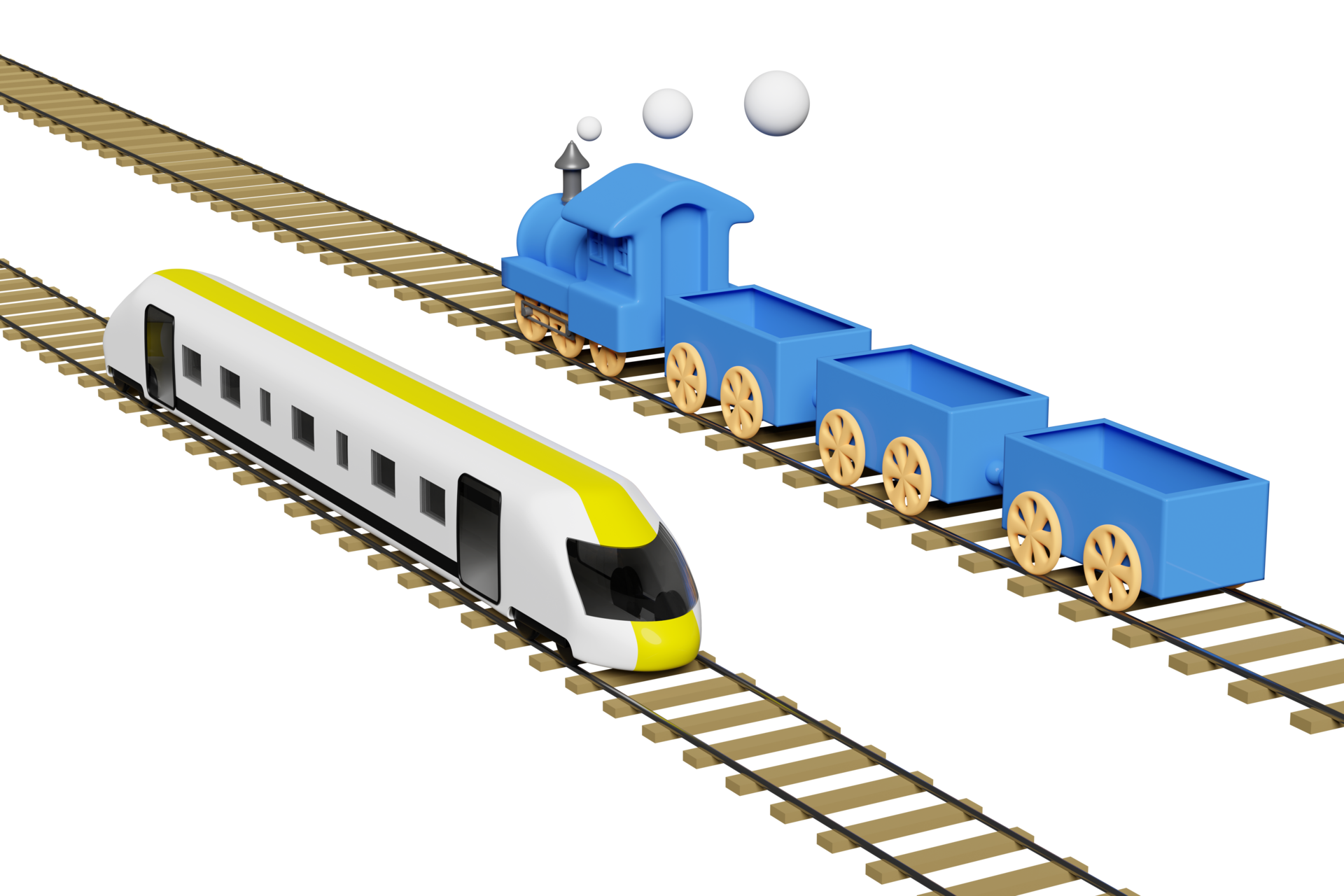 3d bullet train with railroad tracks, steam train transport