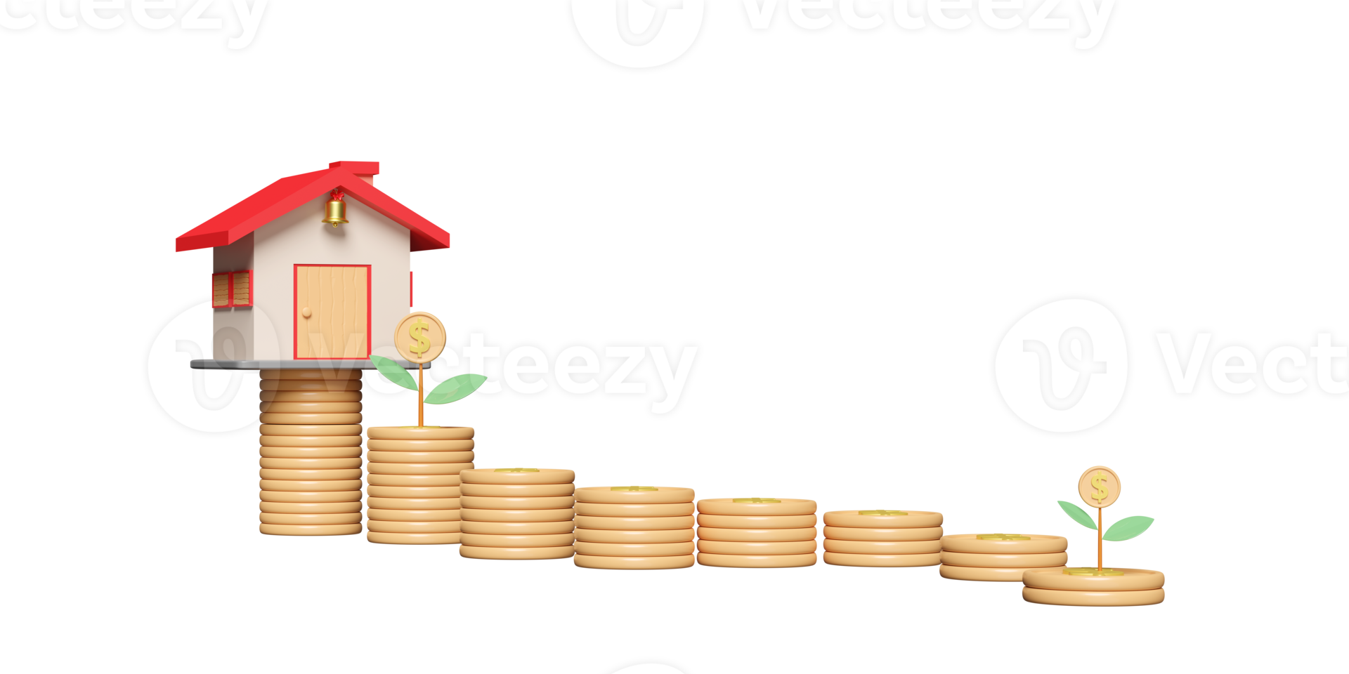 huis met goud munten stapel, boom geïsoleerd. besparing geld naar kopen een huis concept, 3d illustratie of 3d geven png