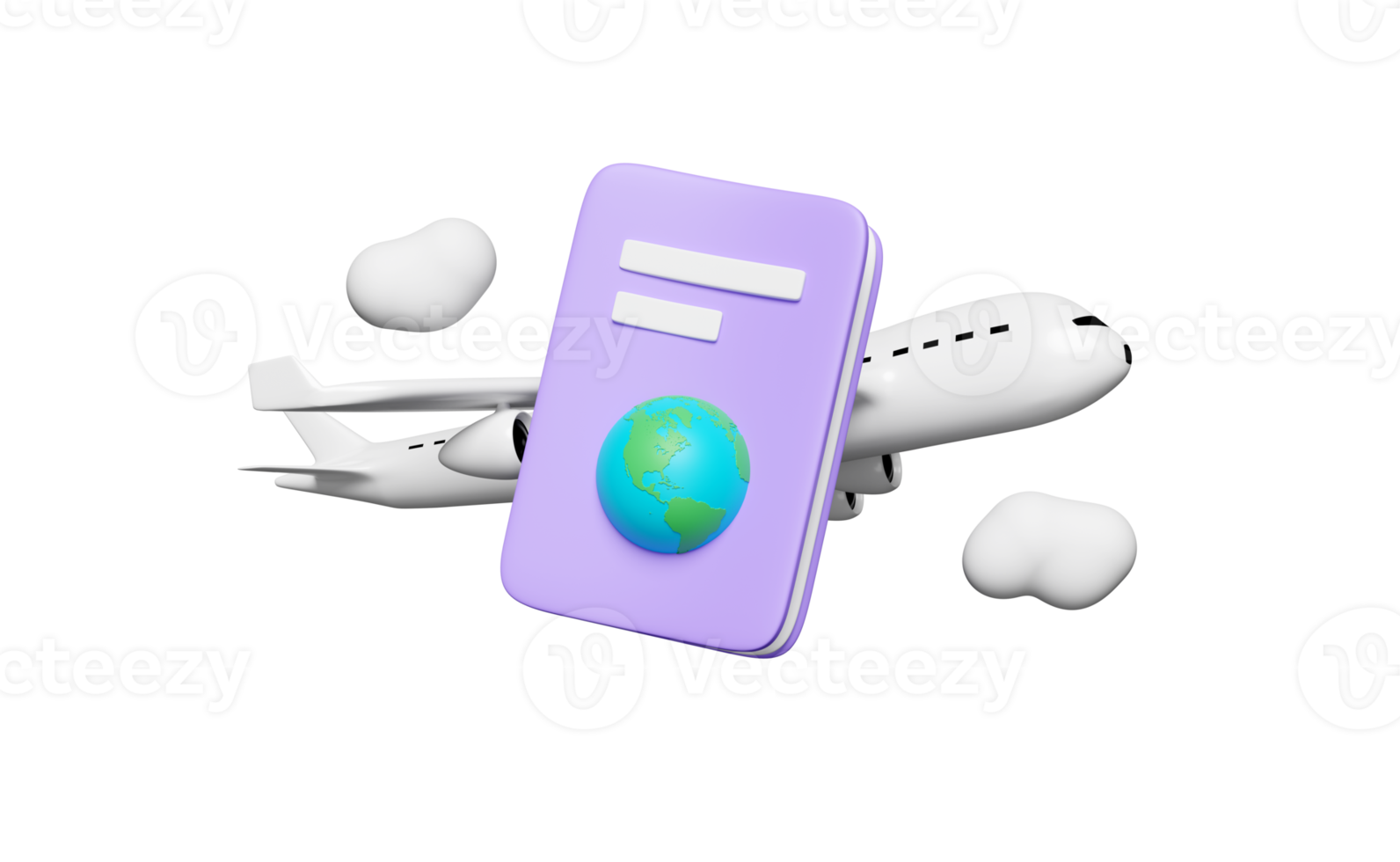 Passaporte 3D ou viagens internacionais para turismo, negócios com avião, nuvem isolada. ilustração de renderização 3D png