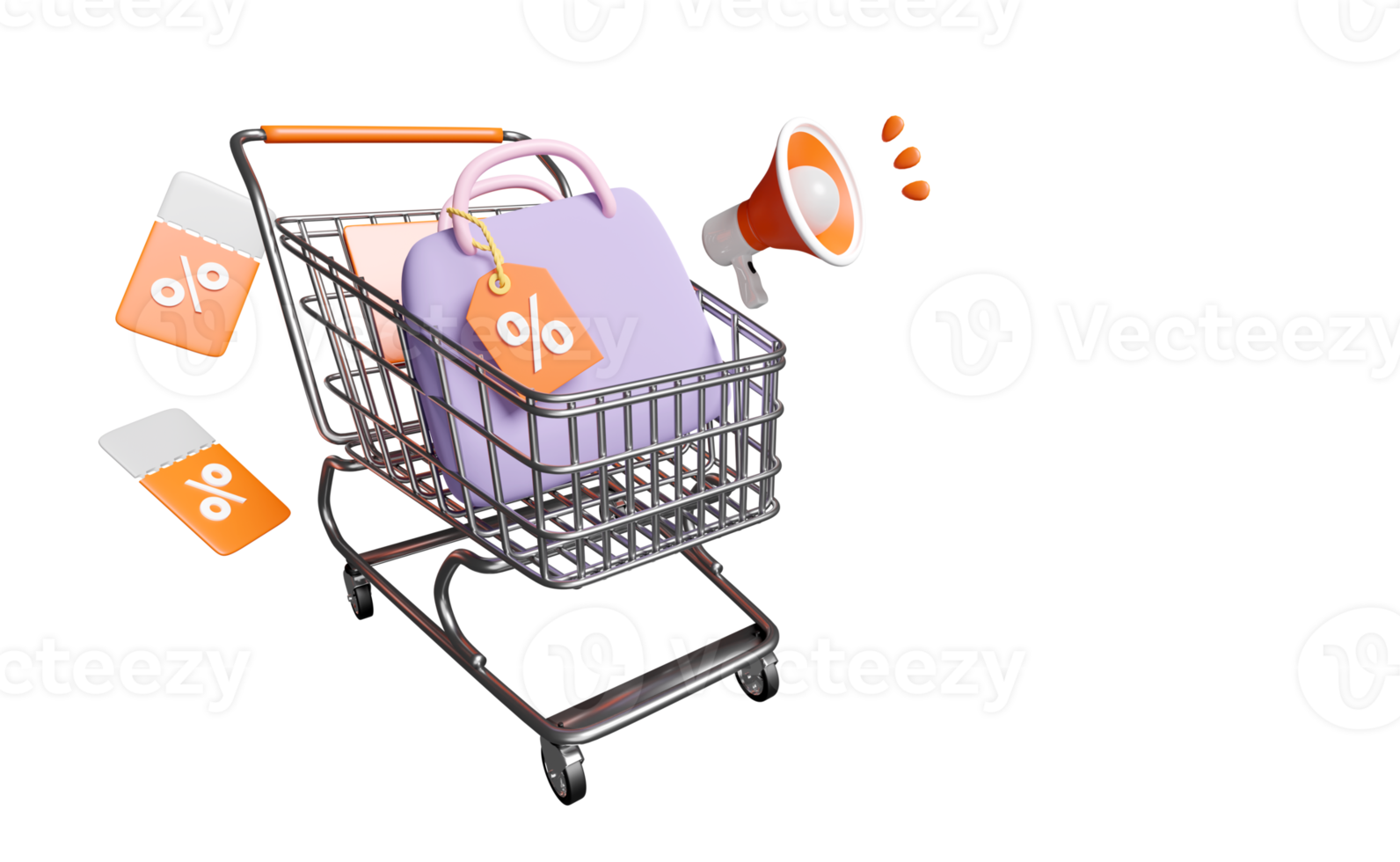 3d tas, korting verkoop icoon voor boodschappen doen online met boodschappen doen kar, megafoon, mand, prijs tags coupon geïsoleerd. afzet Promotie bonussen, 3d geven illustratie png