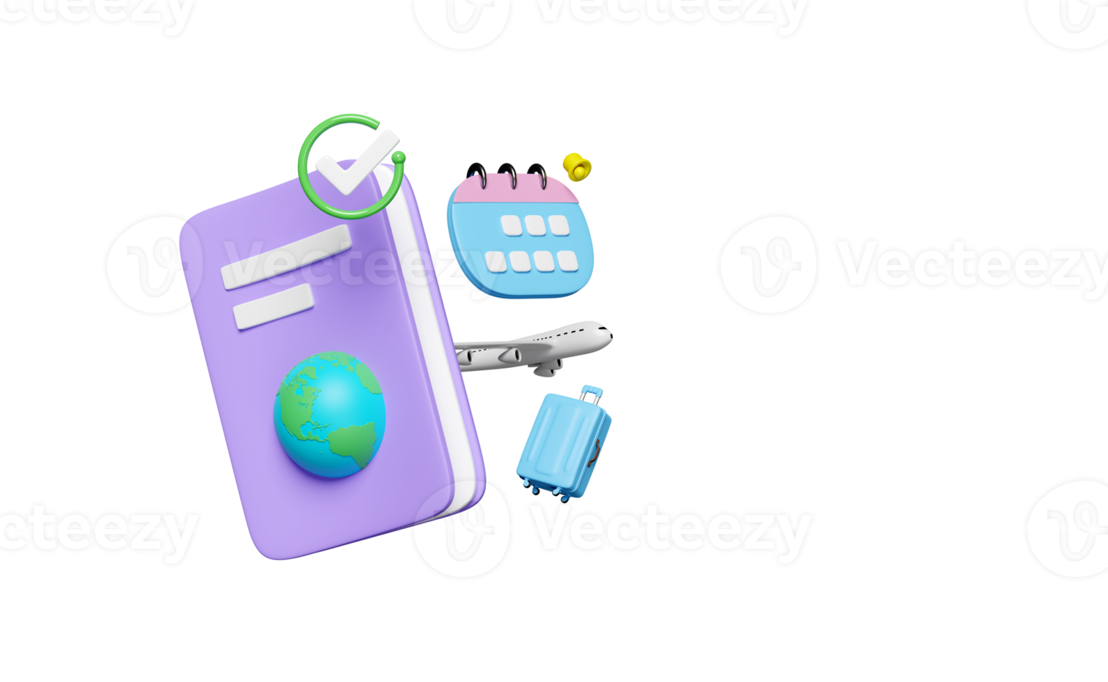 Pasaporte 3d o viaje internacional para turismo, calendario para negocios de fecha marcada con avión, marcas de verificación, maleta aislada. ilustración de procesamiento 3d png