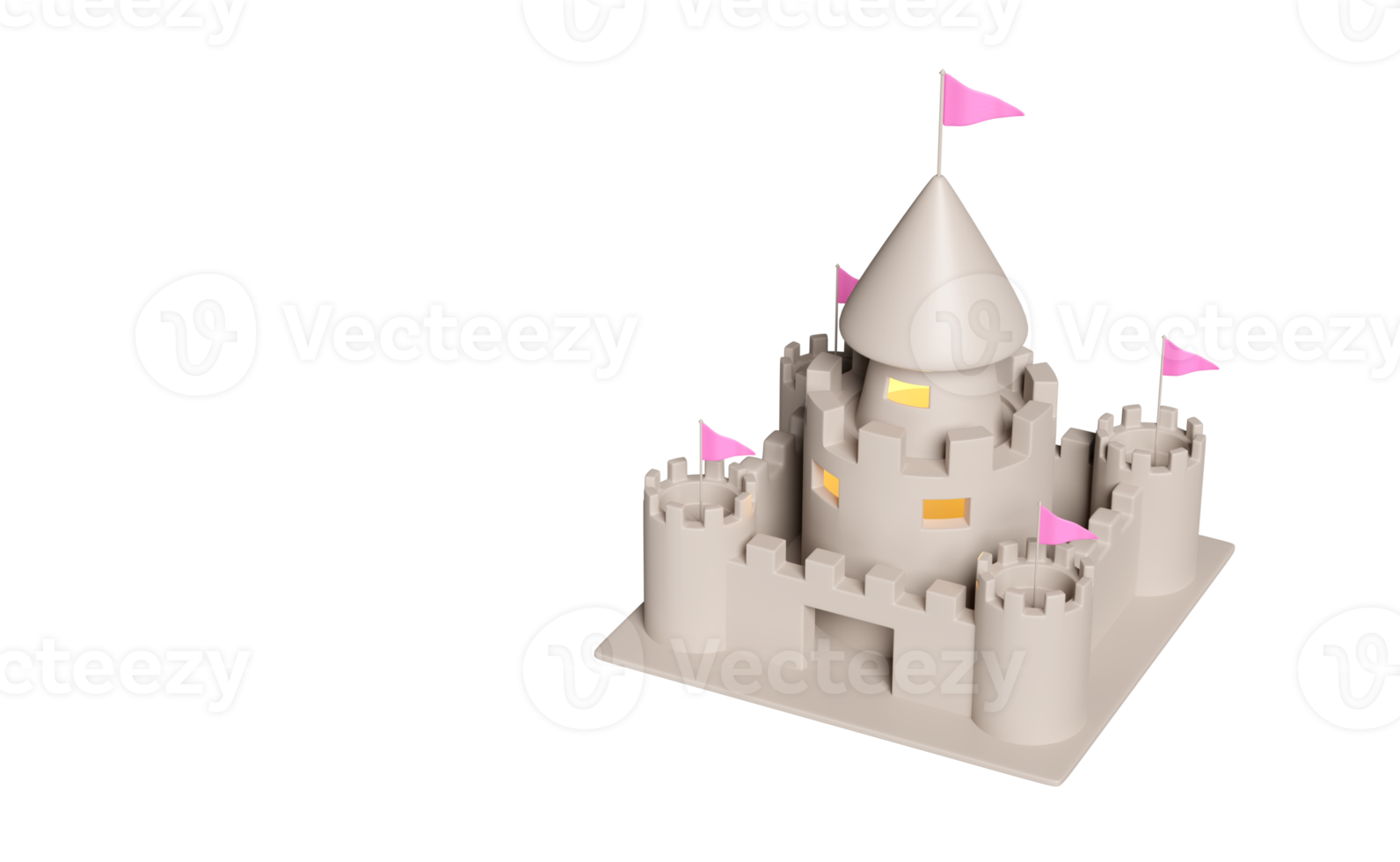 zand kasteel met torens, fort, poorten en vlaggen geïsoleerd. zomer vakantie concept, 3d illustratie of 3d geven png