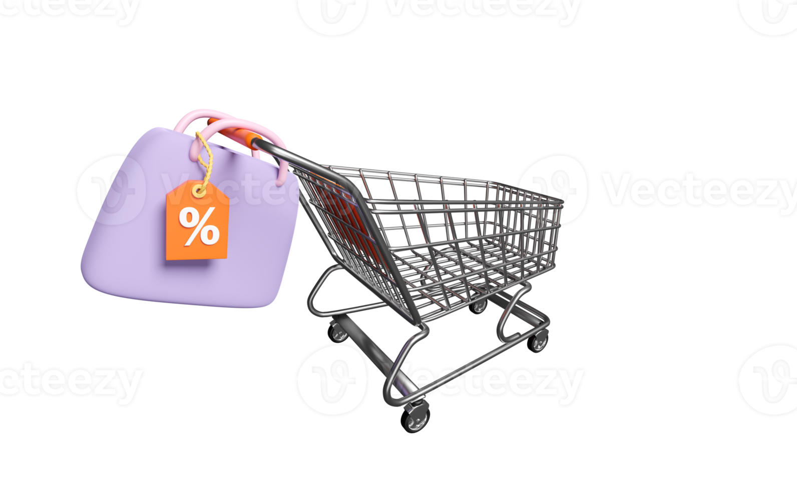 Saco 3d, ícone de vendas com desconto para compras on-line com carrinho de compras, cesta, cupom de etiquetas de preço isolado. bônus de promoção de marketing, ilustração de renderização 3d png