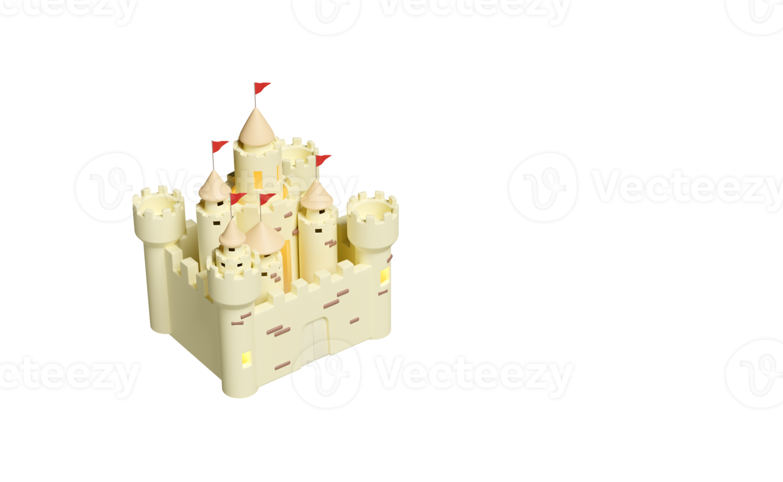 conceito de férias de verão, castelo de areia 3d com torres, forte, portões e bandeiras isoladas. ilustração de renderização 3D png