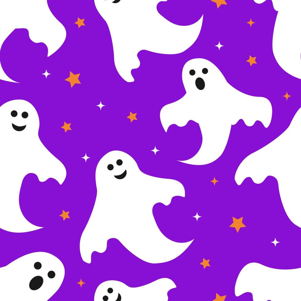 Halloween seamless pattern with cute cartoon ghosts on purple background. Easy to edit vector template for greeting card, poster, banner, party invitation, fabric, textile, wrapping paper, etc