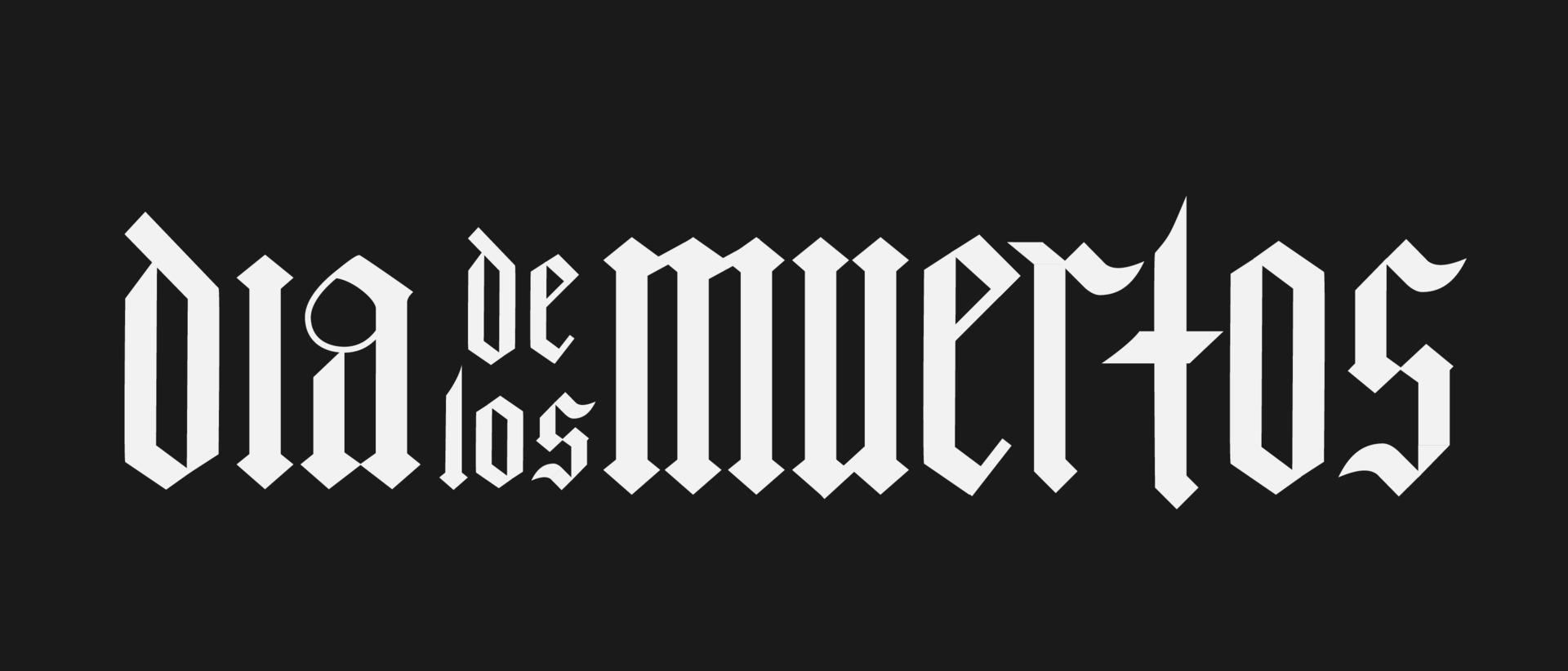 Dia de los Muertos fraktur font gothic lettering on black background. Mexican holiday Day of the Dead typography poster. Easy to edit template for greeting card, banner, poster, t-shirt, invitation. vector