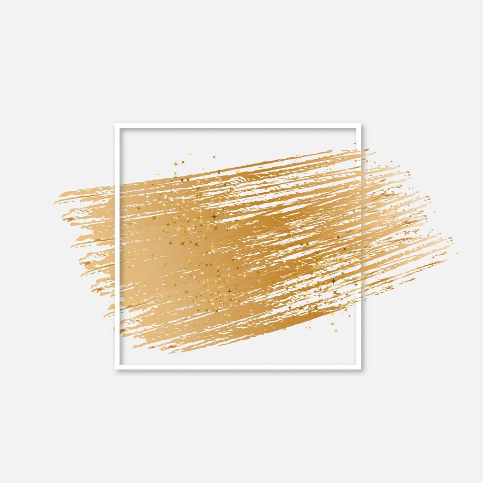 Gold brush stroke with sparkles in white square frame. Modern abstract background. Metallic gradient paint texture. Creative vector template for your design projects.