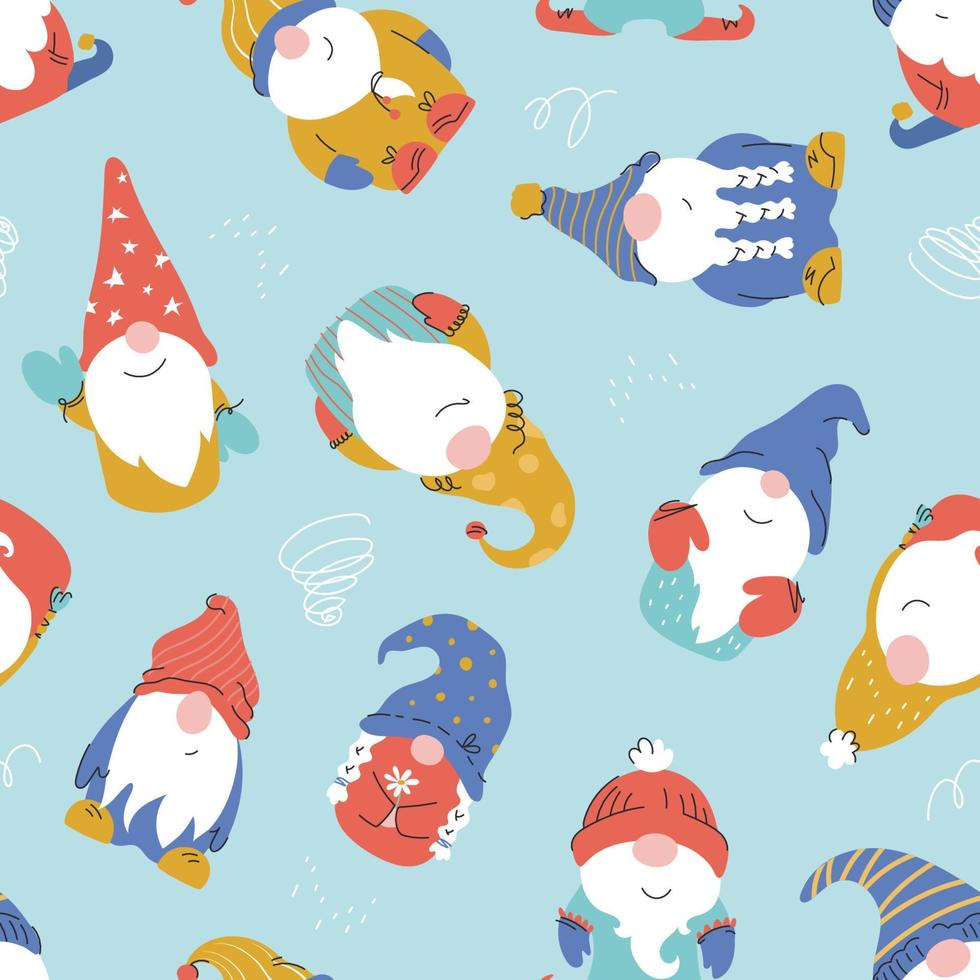 Seamless vector pattern with cute hand-drawn dwarf cartoon characters