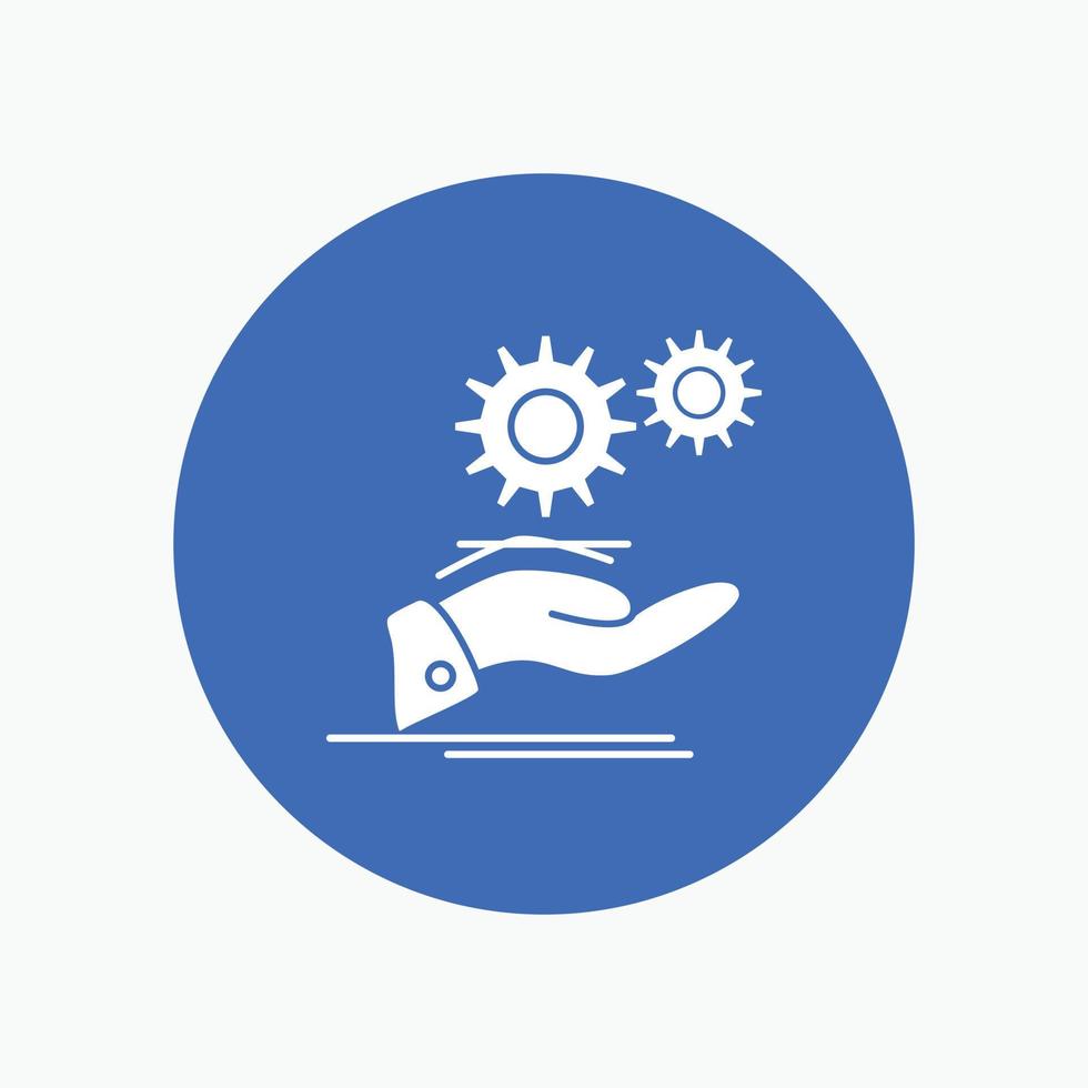 solution. hand. idea. gear. services White Glyph Icon in Circle. Vector Button illustration