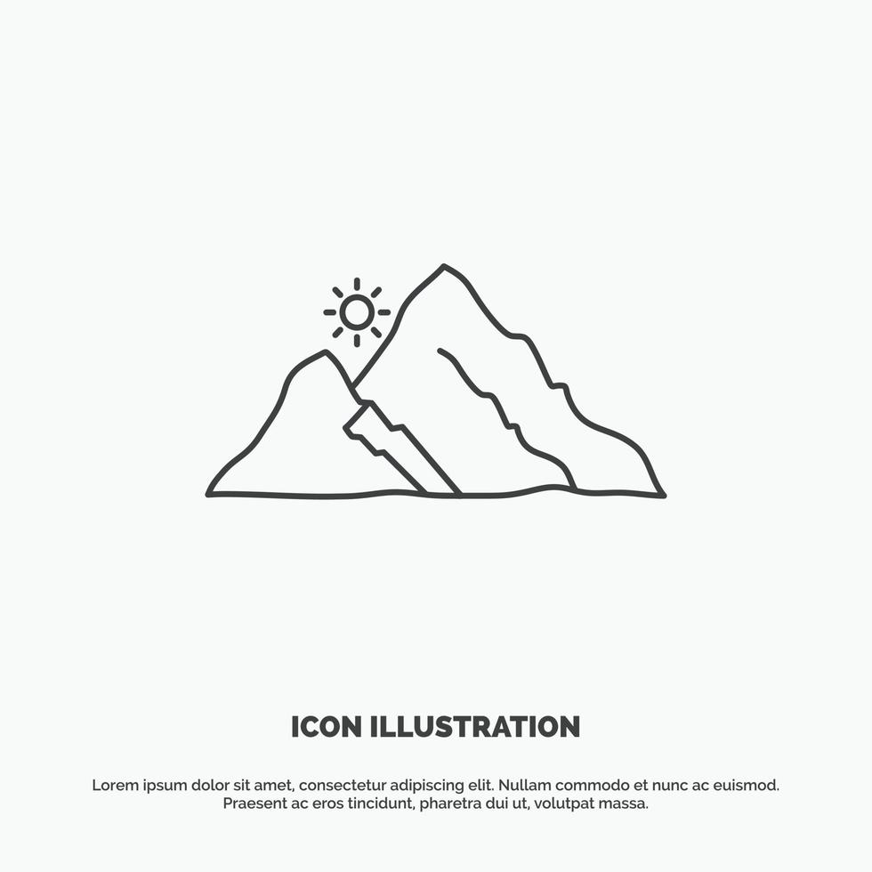 montaña. paisaje. Cerro. naturaleza. icono del sol. símbolo gris vectorial de línea para ui y ux. sitio web o aplicación móvil vector