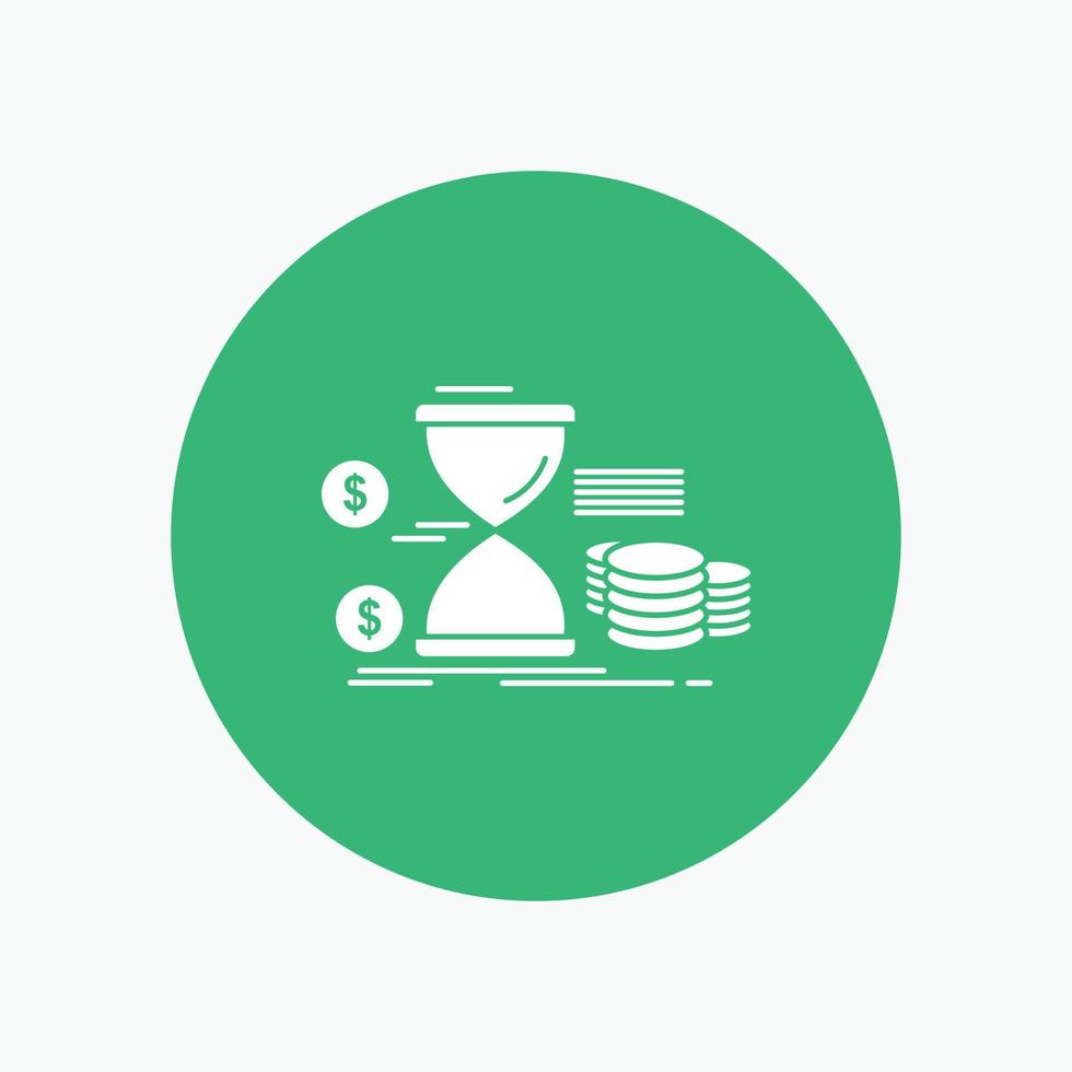 Hourglass. management. money. time. coins White Glyph Icon in Circle. Vector Button illustration