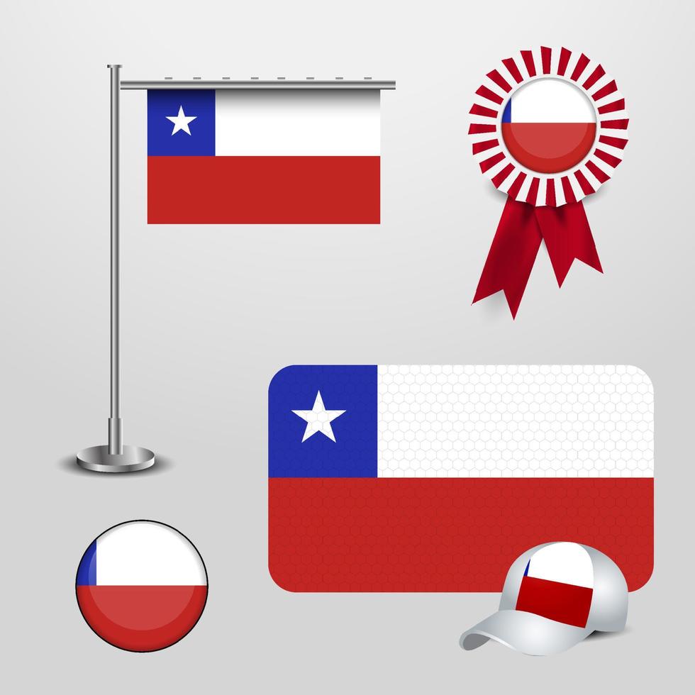 Chile Country Flag haning on pole. Ribbon Badge Banner. sports Hat and Round Button vector