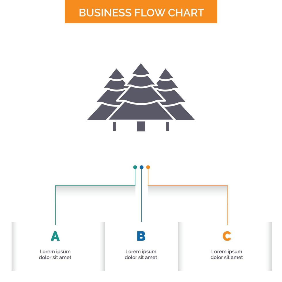 bosque. cámping. selva. árbol. diseño de diagrama de flujo de negocio de pinos con 3 pasos. icono de glifo para el lugar de plantilla de fondo de presentación para texto. vector
