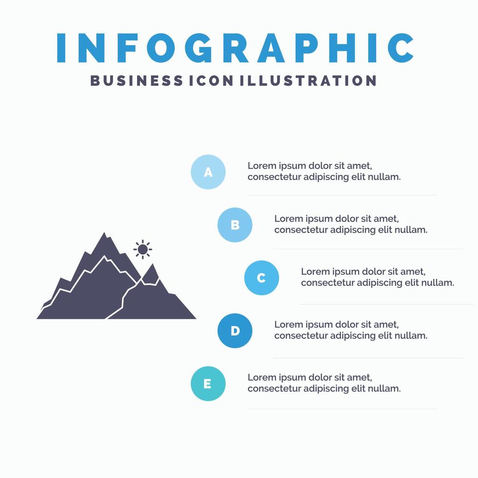 montaña. paisaje. Cerro. naturaleza. plantilla de infografía de árbol para sitio web y presentación. icono de glifo gris con ilustración de vector de estilo infográfico azul.