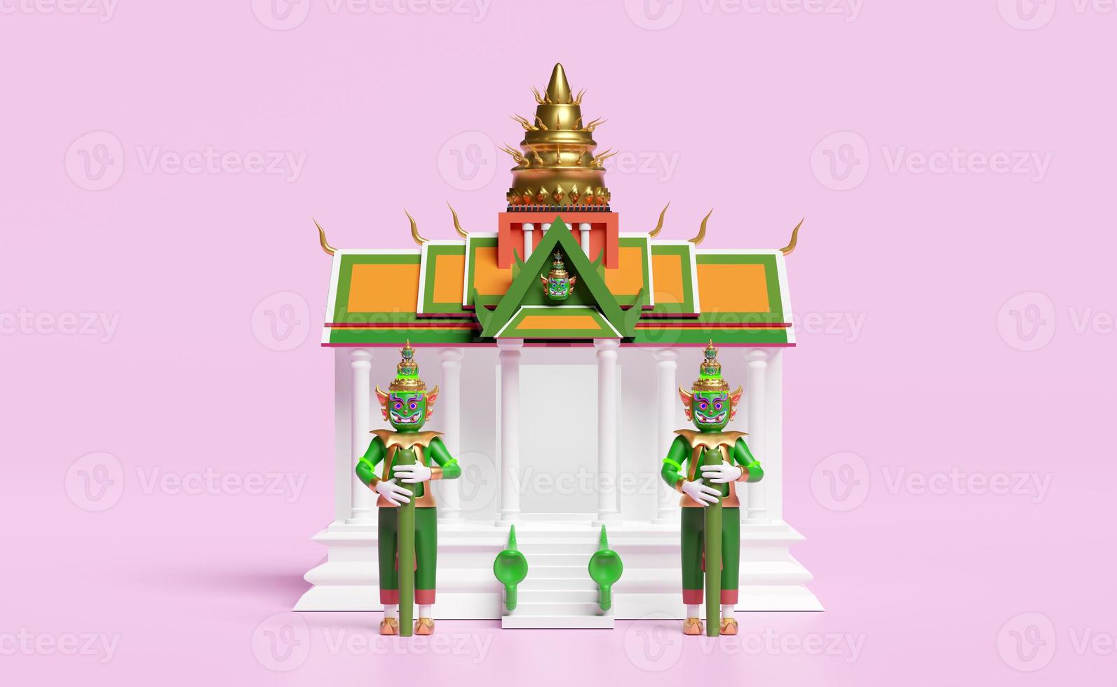 3d thai temple, castle with giant  and snake isolated on pink background. 3d render illustration, clipping path photo