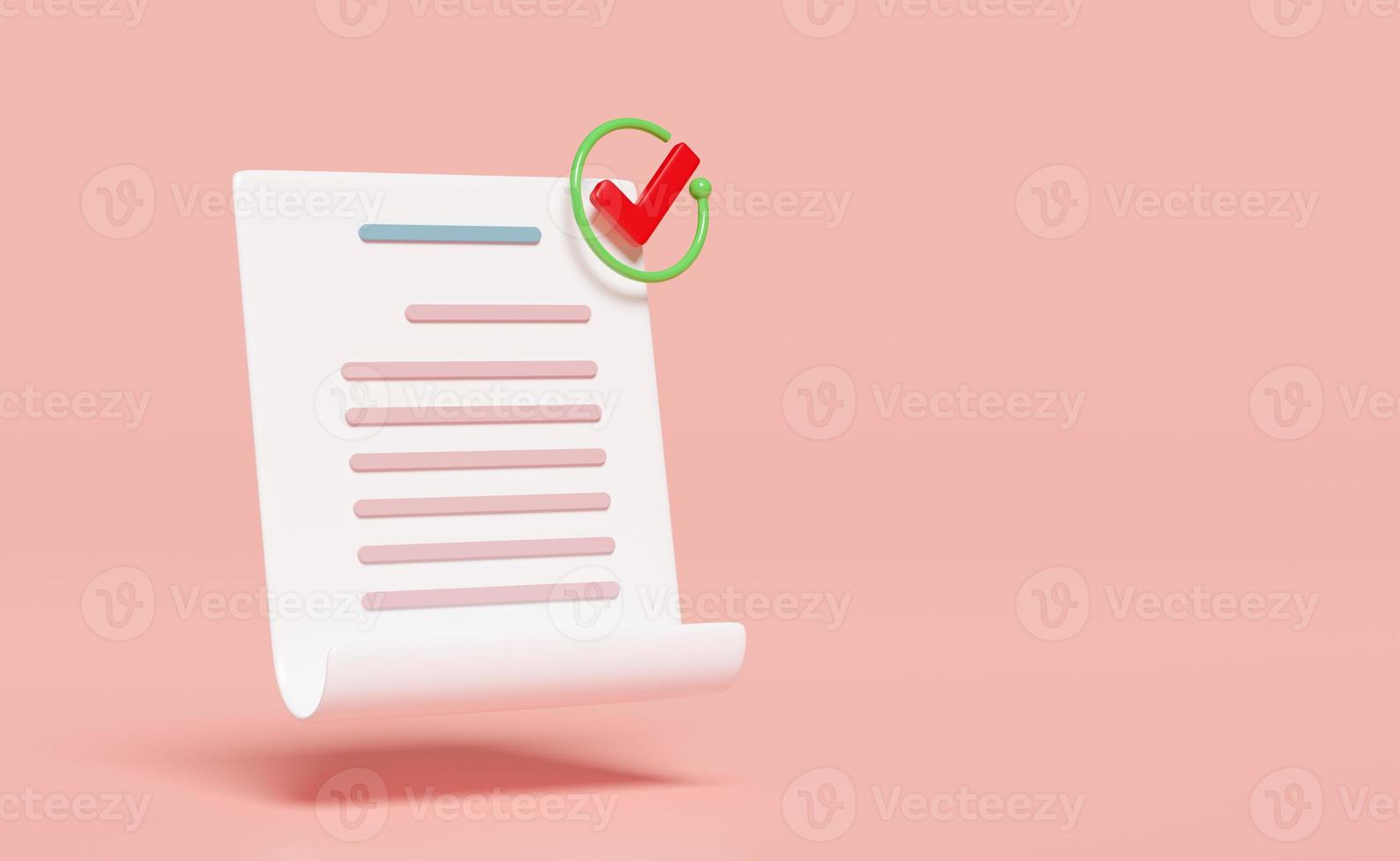 Icono de papel de lista de verificación blanca 3d aislado sobre fondo rosa. marcas de verificación, símbolos de marcas de verificación, plan de proyecto, estrategia comercial, concepto de contrato de compra, ilustración de renderizado 3d, ruta de recorte foto