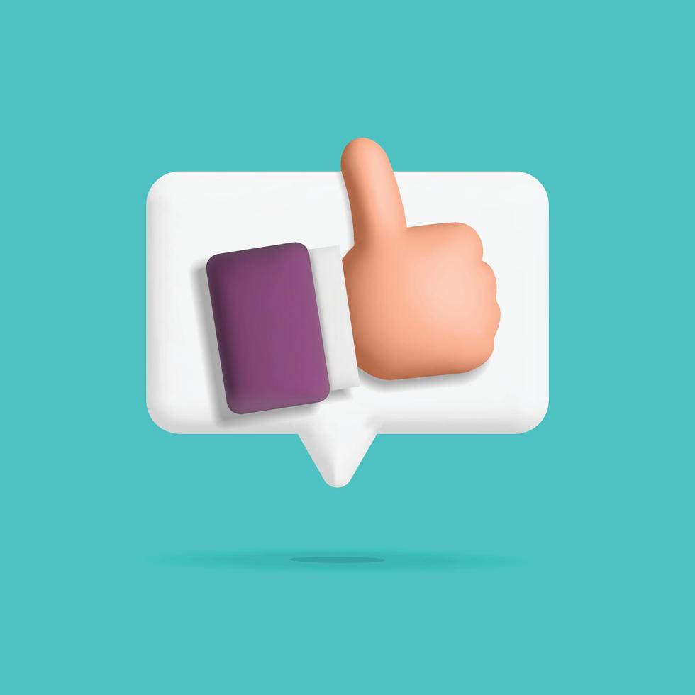 3d vector social media like and thumb up symbol speech chat bubble box design. Realistic render digital marketing, promotion, advertisement, customer feedback concept.