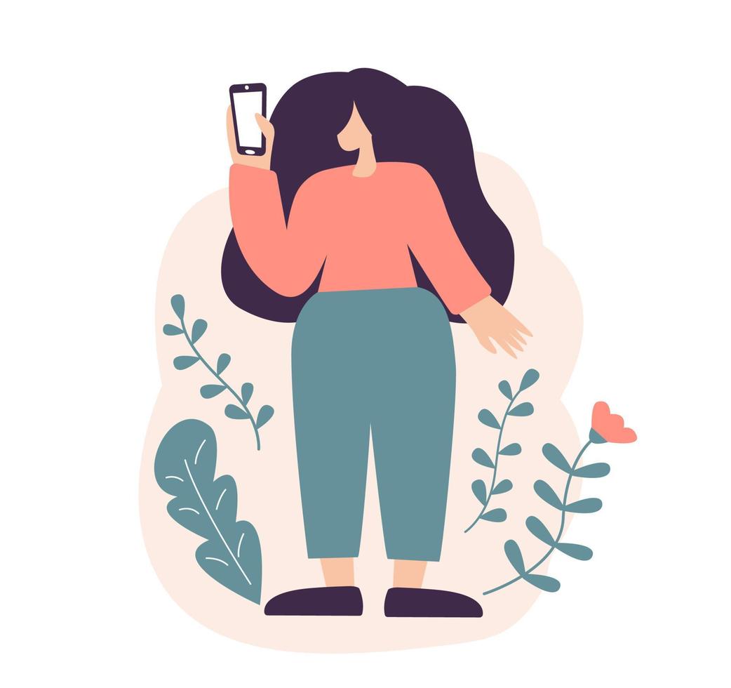Young vector woman in red sweater is using smartphone, chatting or talking. Happy girl is looking on the phone. Flat cartoon illustration