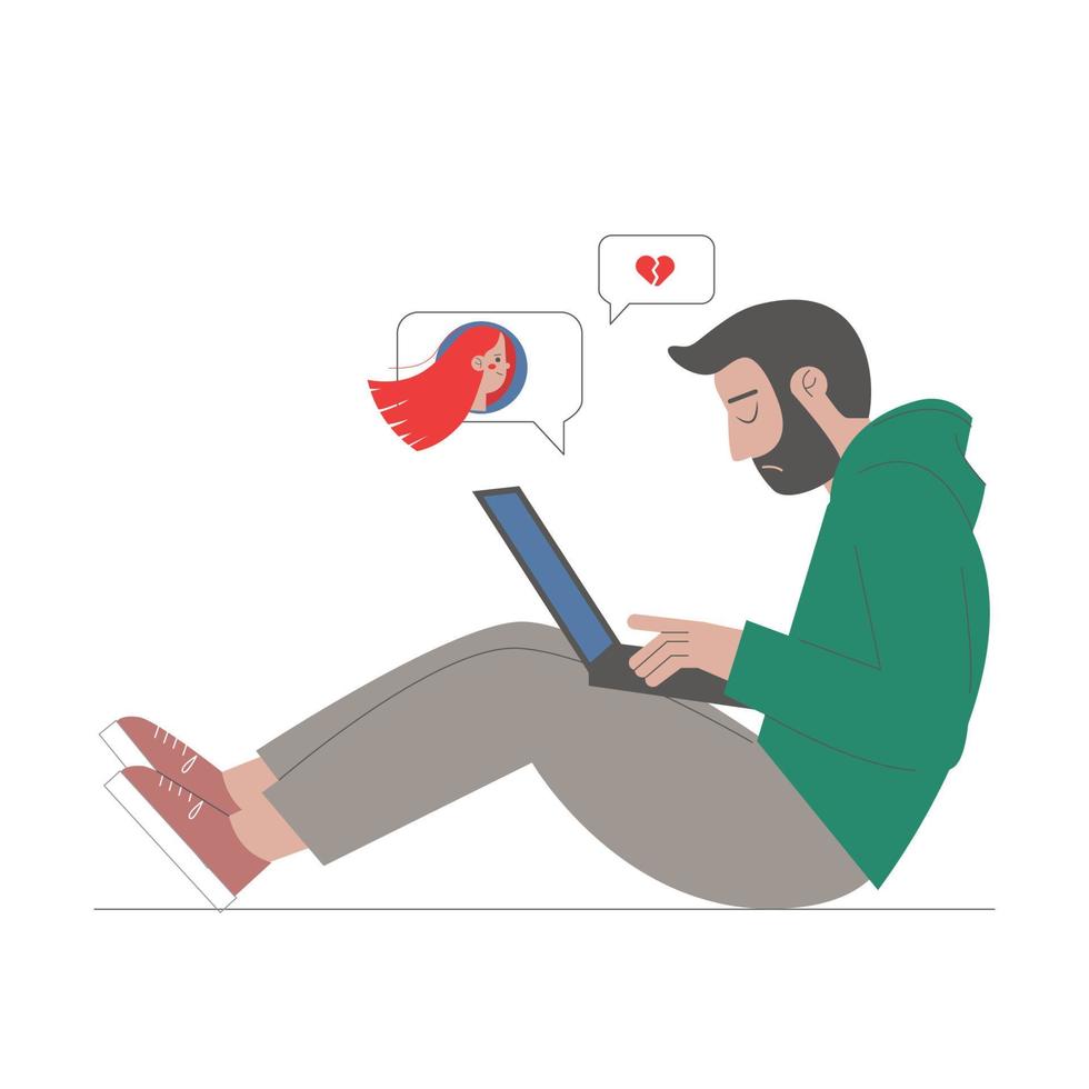 Sad and upset young man sitting on the floor and looking at the laptop. Online breakup with girlfriend. The concept of social networks. Vector illustration in flat style on white background.