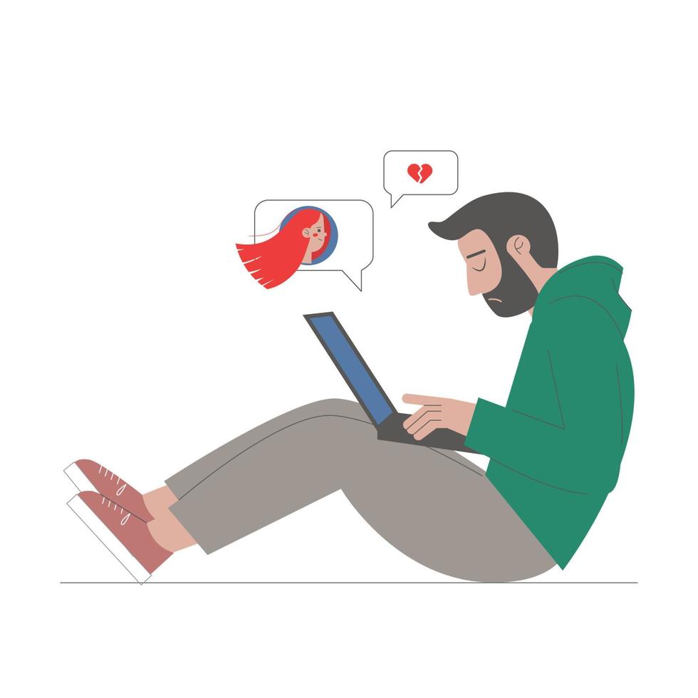 joven triste y molesto sentado en el suelo y mirando la computadora portátil. ruptura en línea con novia. el concepto de redes sociales. ilustración vectorial en estilo plano sobre fondo blanco. vector