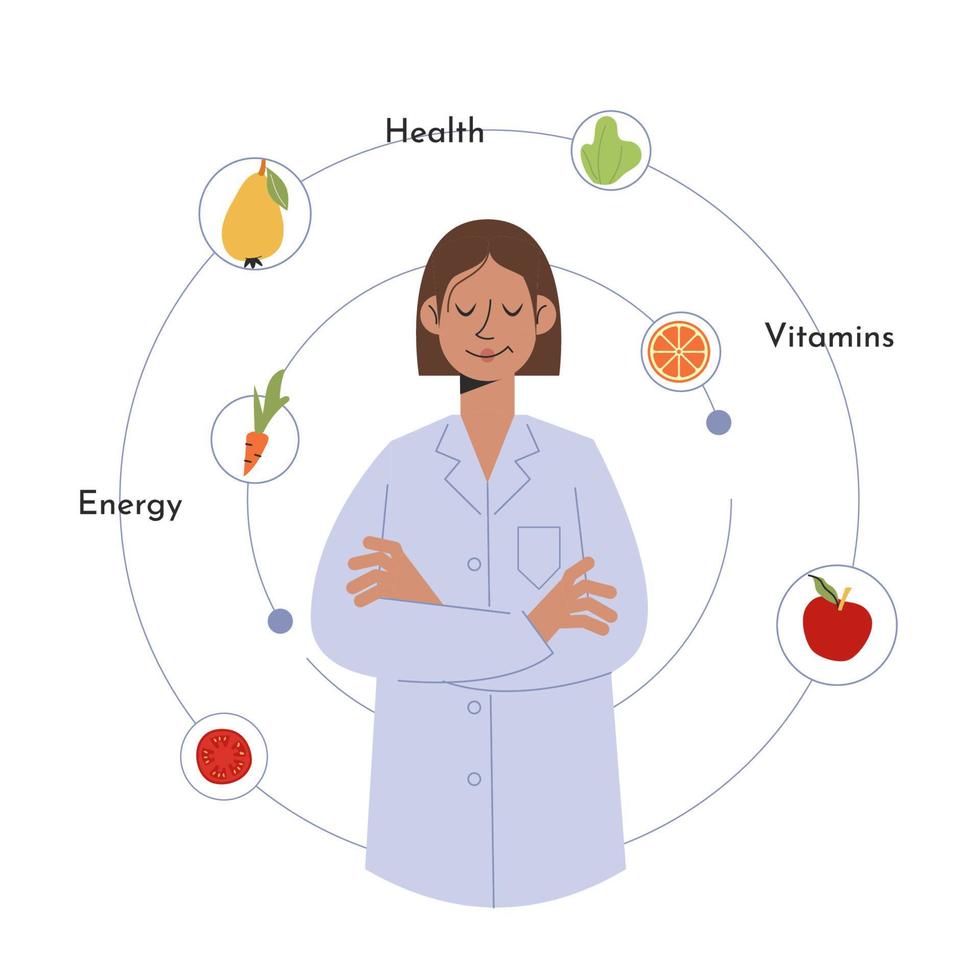 Nutritionist doctor. Concept of healthy lifestyle and organic food. Health care. Vector stock illustration in flat style on white background.