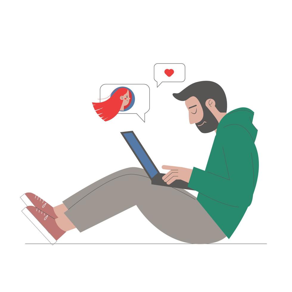 un joven está sentado en el suelo y enviando mensajes de texto en una computadora portátil con su novia. el concepto de redes sociales y vida en línea. ilustración de stock vectorial en estilo plano sobre fondo blanco. vector