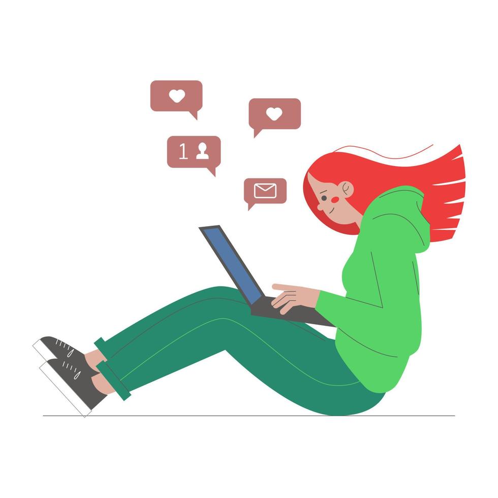 A young girl sits on the floor and looks at a laptop. The girl browses social networks. Popularity on the internet, new followers, messages. Vector illustration in flat style on white background.