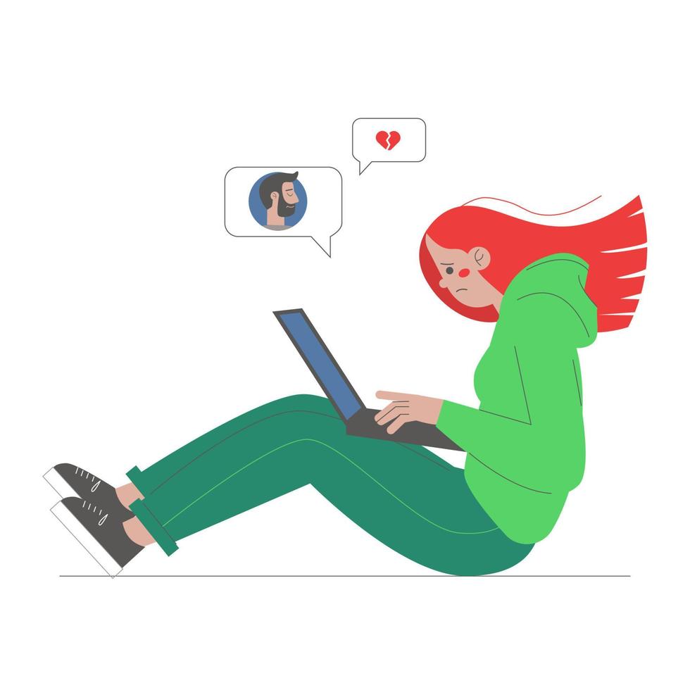 Sad and upset young girl sitting on the floor and looking at the laptop. Online breakup with boyfriend. The concept of social networks. Vector illustration in flat style on white background.