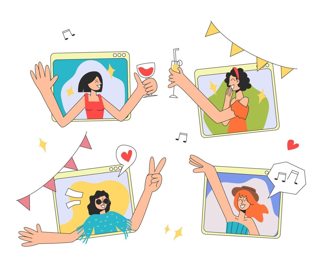 Online party. Four girls communicate and have fun on a video call. The concept of rest and celebration. Vector stock illustration in flat style on white background.