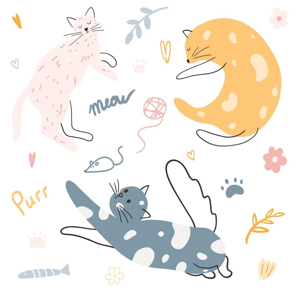conjunto de lindos gatos coloridos dibujados a mano. ilustración vectorial de gatitos, animales divertidos para afiches, estampados de tela, textiles para niños, diseño de tarjetas vector
