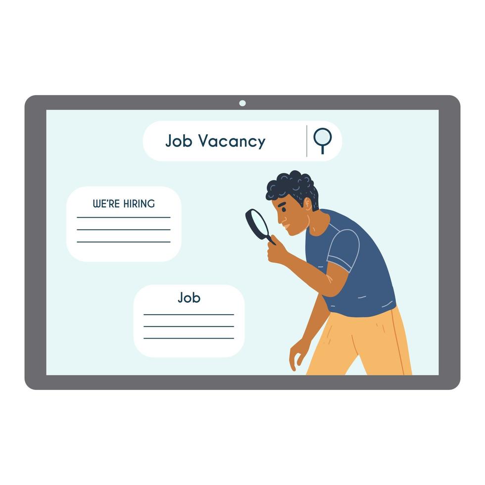 Black man search vacancy with magnifying glass on the screen of mobile device, tablet, monitor. Looking, finding new work opportunities, vacancies, employment, career. Strategy concept, job search vector