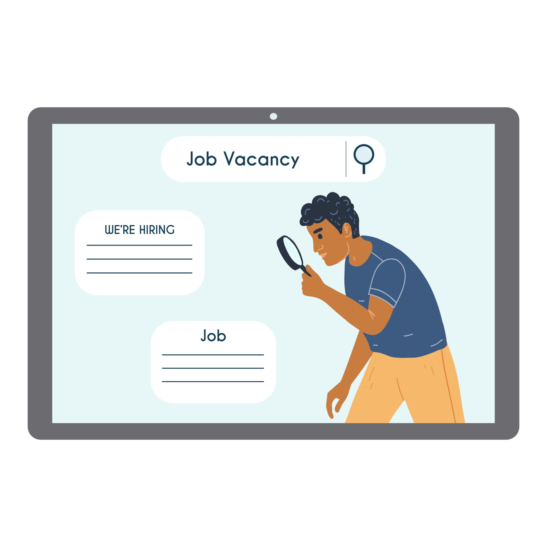 Black man search vacancy with magnifying glass on the screen of mobile