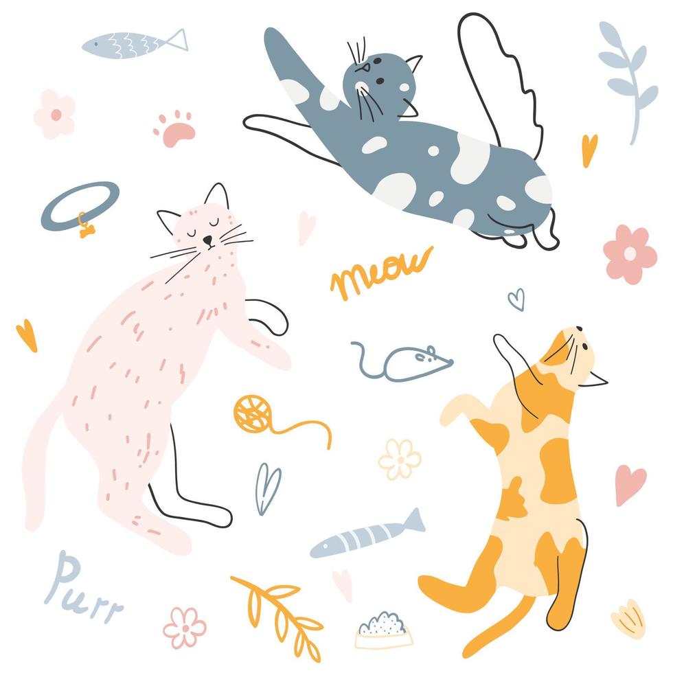 conjunto de lindos gatos coloridos dibujados a mano. ilustración vectorial de gatitos, animales divertidos para afiches, estampados de tela, textiles para niños, diseño de tarjetas vector