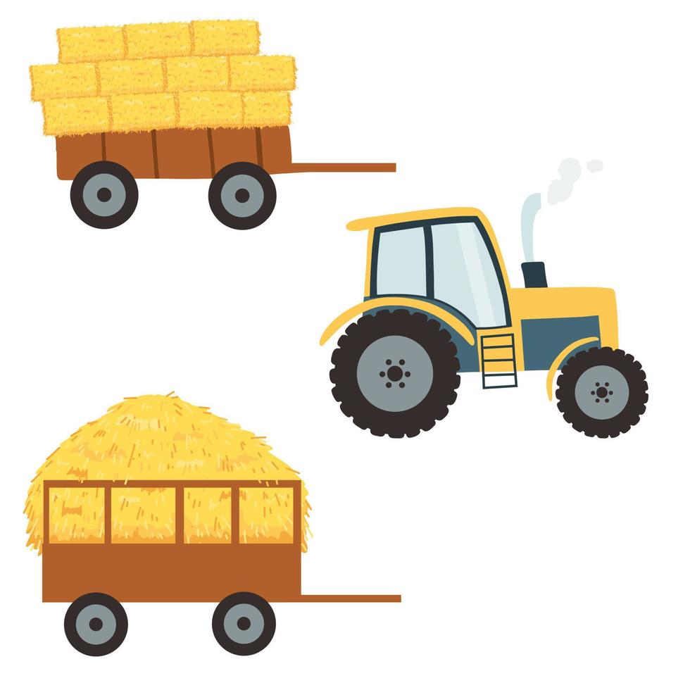 Tractor with agricultural haycock in the trailer in cartoon flat style, rural hay rolled stack, dried farm haystack. Vector illustration of fodder straw