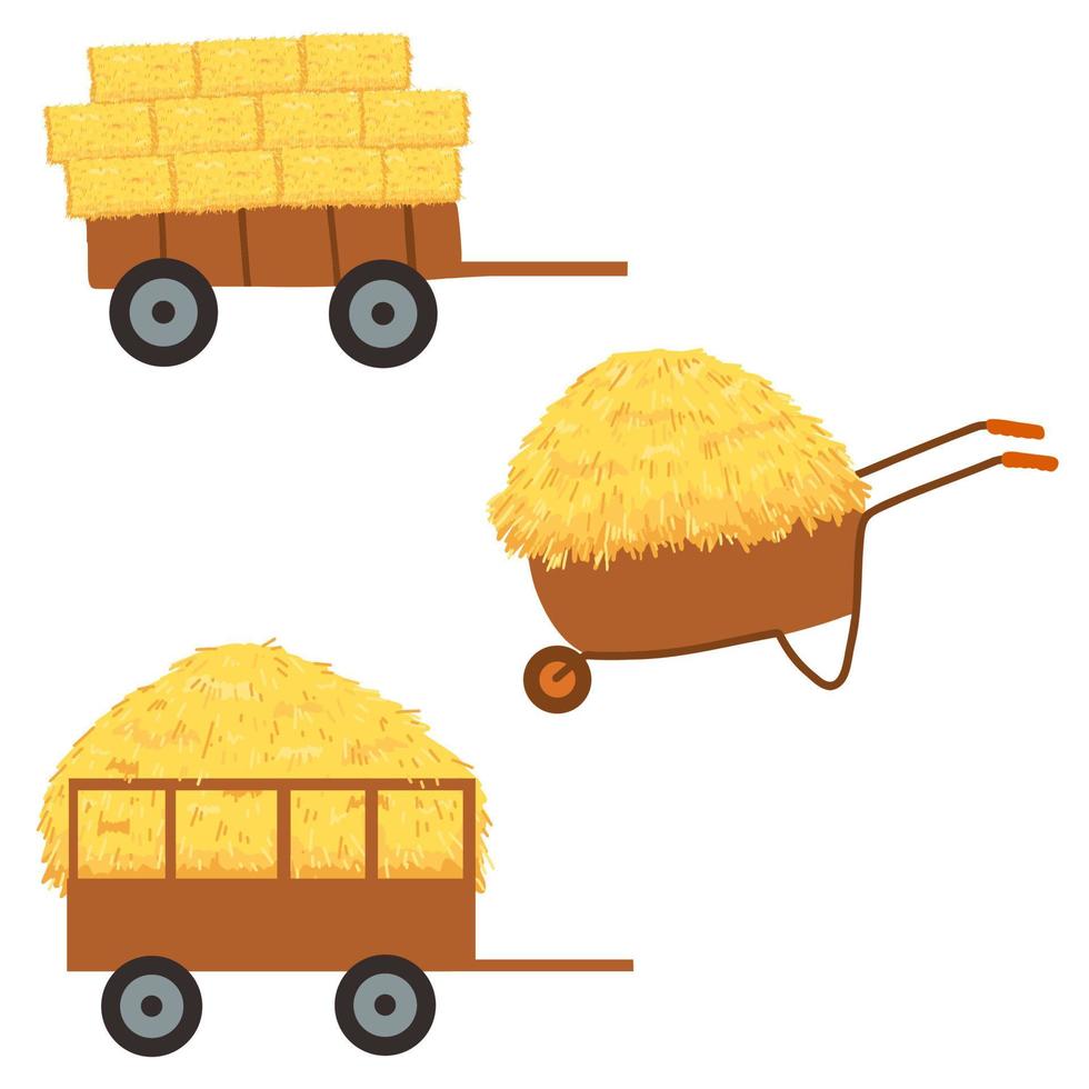 Agricultural haycock in the trailer and wheelbarrow in cartoon flat style, rural hay rolled stack, dried farm haystack. Vector illustration of fodder straw