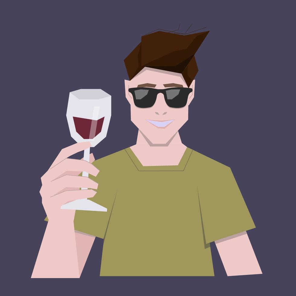 un joven feliz con gafas y camiseta verde sonríe y sostiene una copa de vino. concepto de relajación. ilustración de stock vectorial en estilo plano. vector