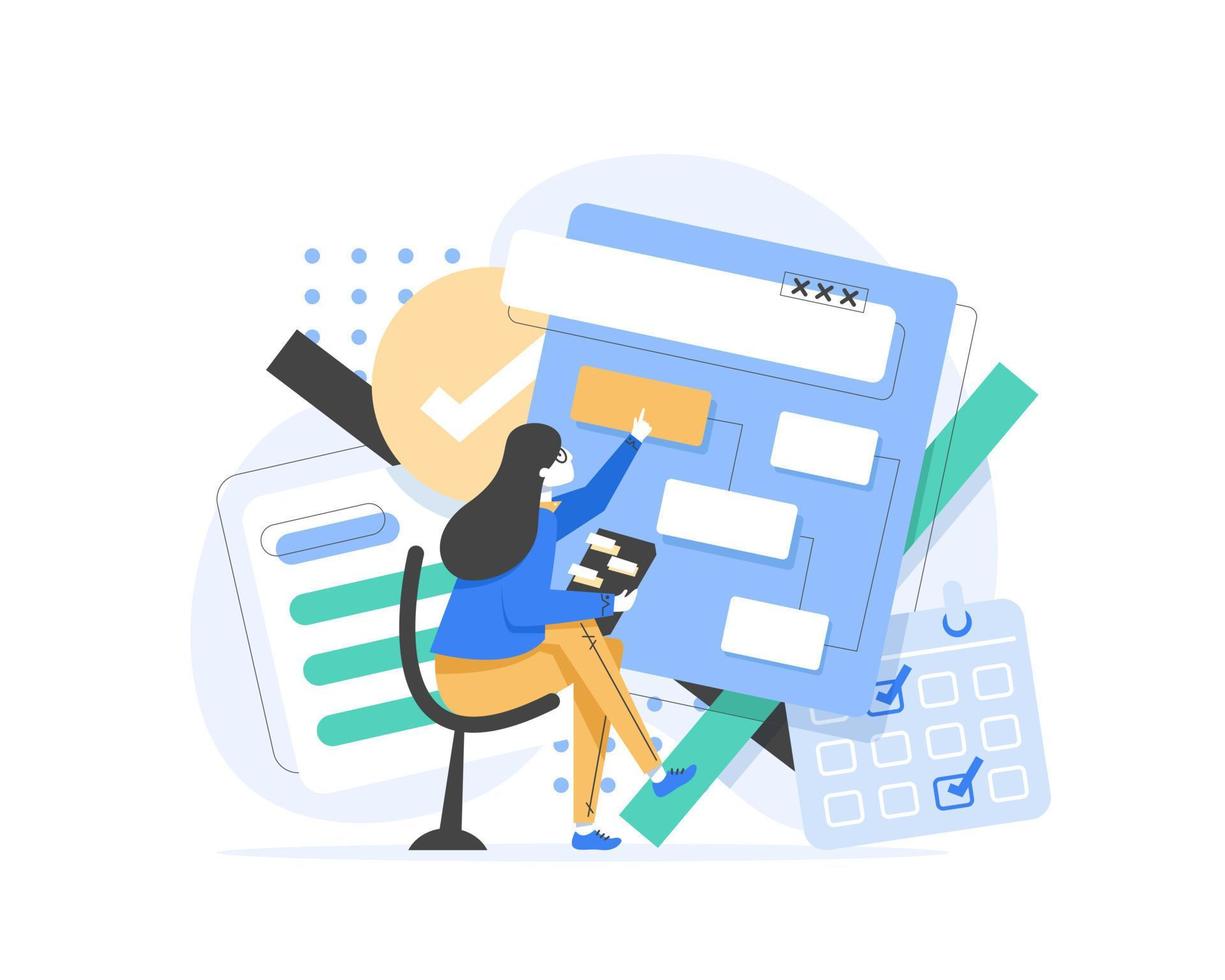 Content manager at work hand drawn illustration,Young girl managing SMM strategy processes cartoon character. Freelance worker busy with email marketing analysis vector