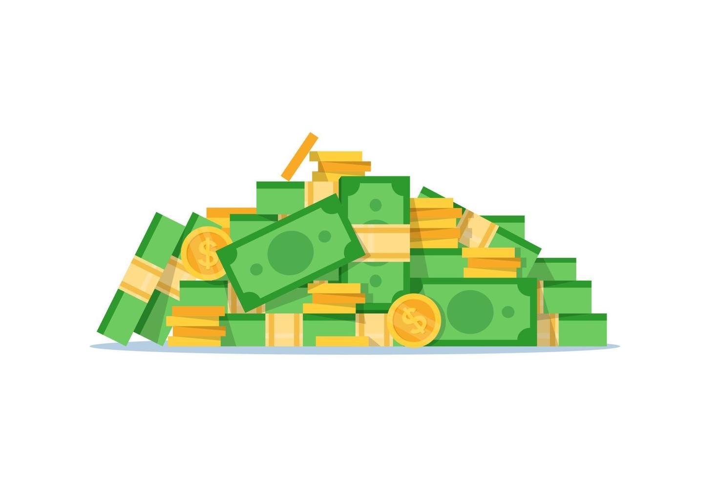 money coins and bills,Big stack of golden coins and dollar bill,flat design icon vector illustration