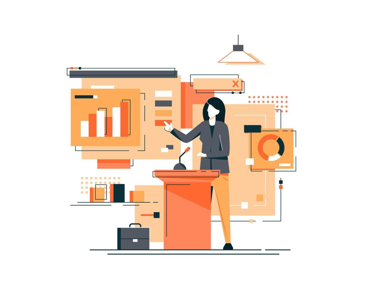 Business woman giving a speech showing sales statistics graphs on presentation screen. Flat style color modern vector illustration.