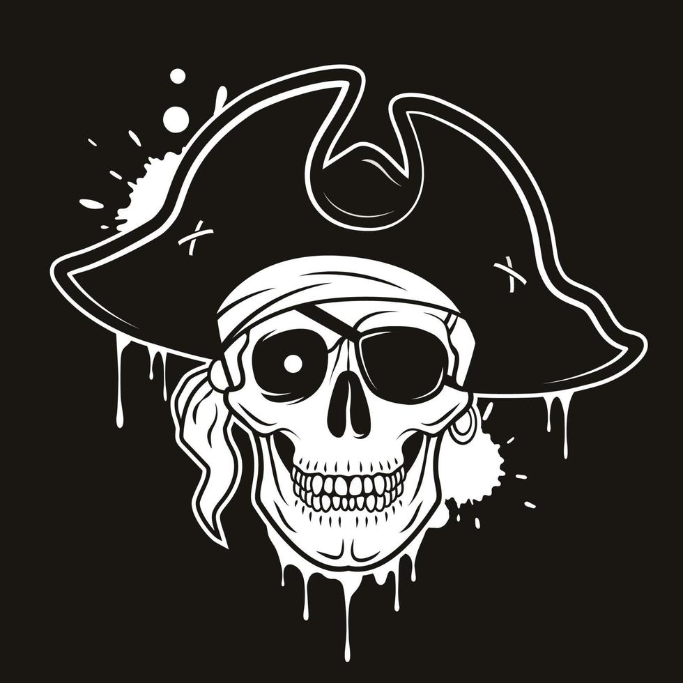 Pirate skull with eye patch, hat, bandana, glowing eye. Vector hand drawn cartoon illustration isolated on black background